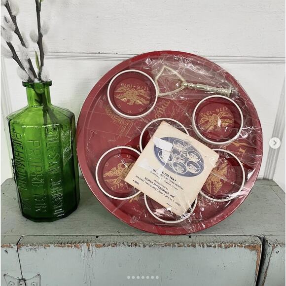 Vintage Tin Tray Coaster Set Bicentennial Pennsylvania Eagle New Old Stock - Picture 1 of 7